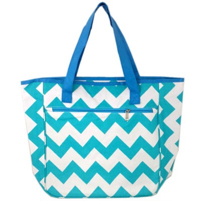 180561-AQUA/WHITE CHEVRON DESIGN SHOPPING OR BEACH TOTE